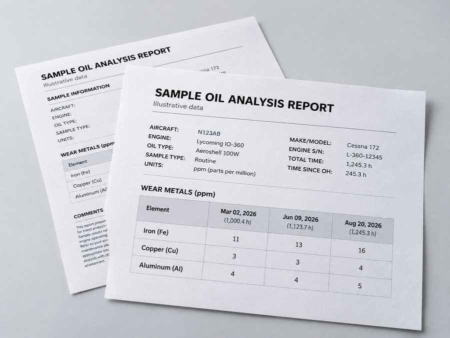 A sample oil analysis report for N123AB with three samples of iron, copper and aluminum